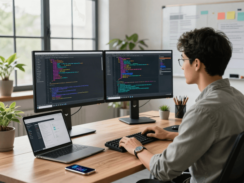 Développeur travaillant avec Atlas pro dans un espace moderne, écran de code et ambiance professionnelle.
