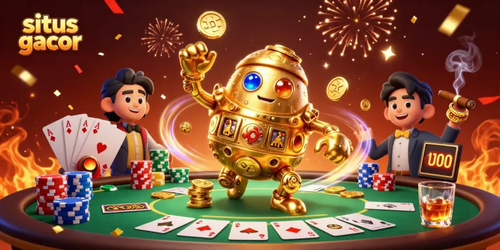 Gambaran situs gacor dengan golem emas berputar dan meja poker yang penuh chip