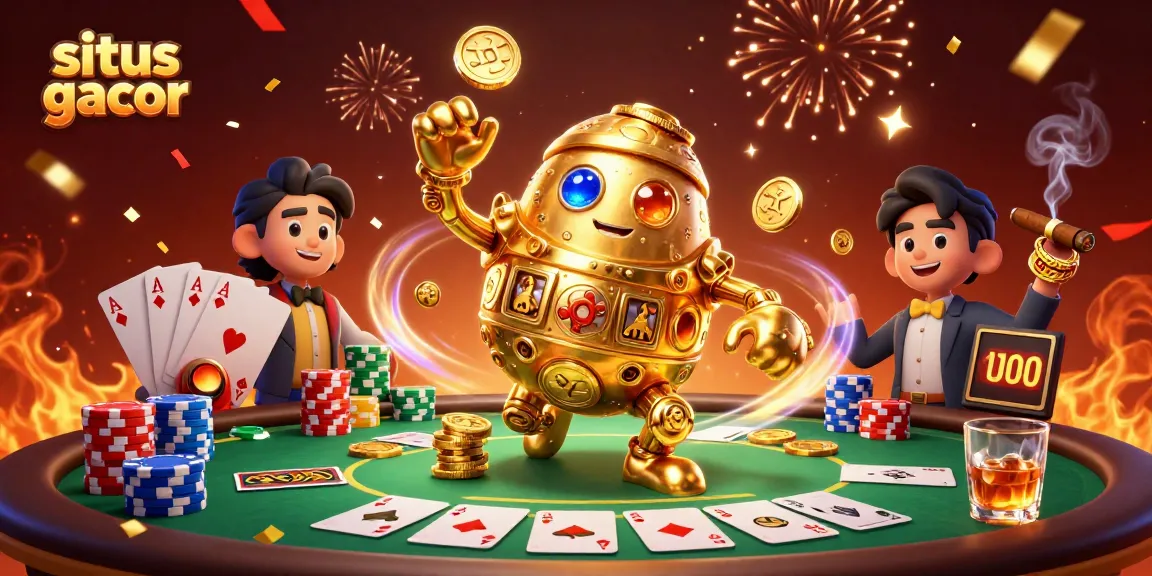 Gambaran situs gacor dengan golem emas berputar dan meja poker yang penuh chip