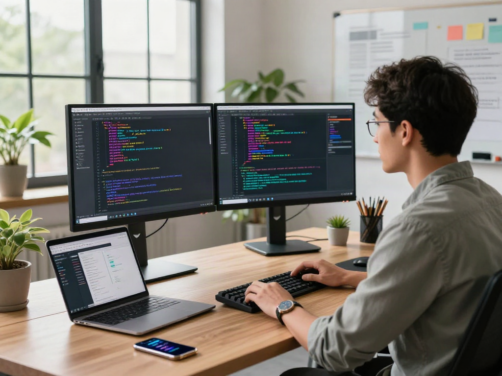 Développeur travaillant avec Atlas pro dans un espace moderne, écran de code et ambiance professionnelle.