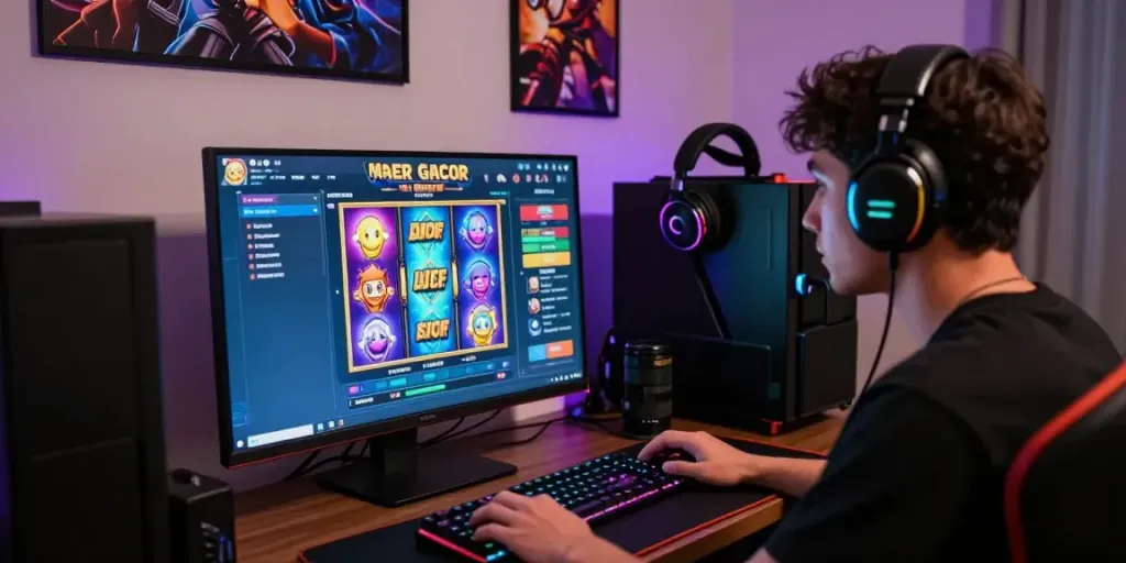 Pemain terfokus pada permainan slot gacor terbaik di komputer dengan aksesoris gaming modern dan pencahayaan RGB.