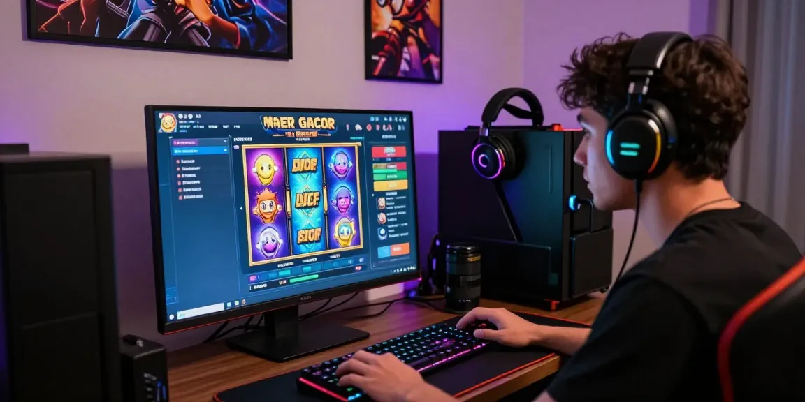 Pemain terfokus pada permainan slot gacor terbaik di komputer dengan aksesoris gaming modern dan pencahayaan RGB.