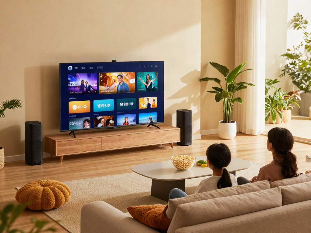 Salon moderne avec un téléviseur interactif Iron tv pro, une ambiance chaleureuse et familiale.