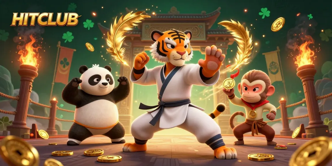 HITCLUB showcases a 3D kung fu tiger and panda in a vibrant, action-packed casino scene.
