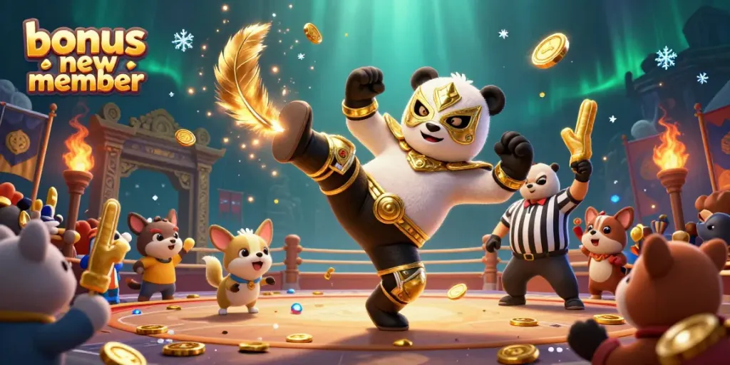 Engage with the bonus new member promotion in a lively 3D casino scene featuring a panda wrestler and excited animal spectators.