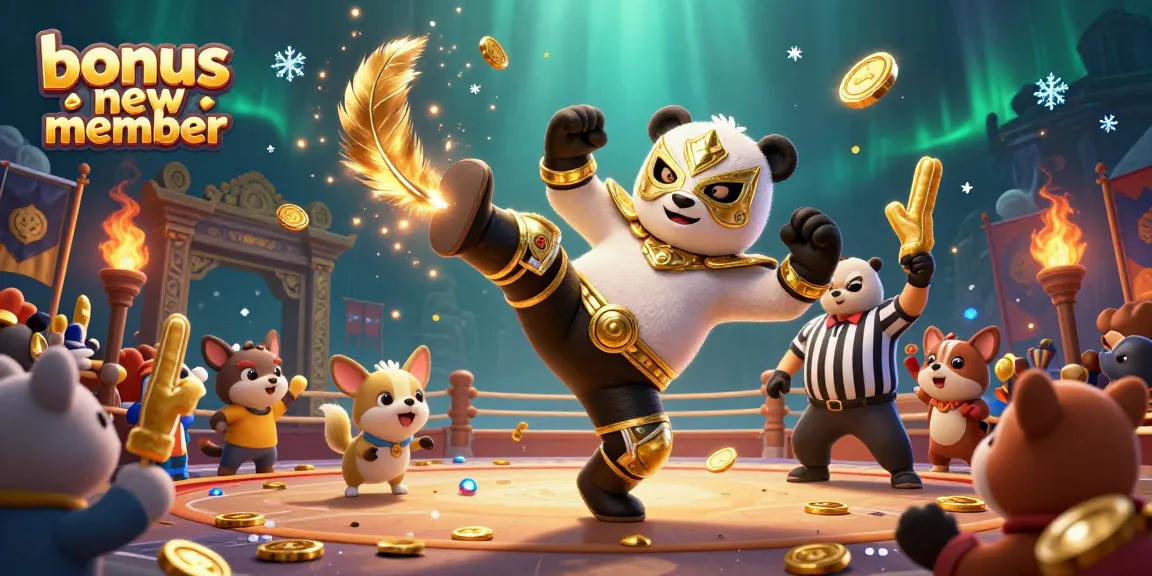 Engage with the bonus new member promotion in a lively 3D casino scene featuring a panda wrestler and excited animal spectators.