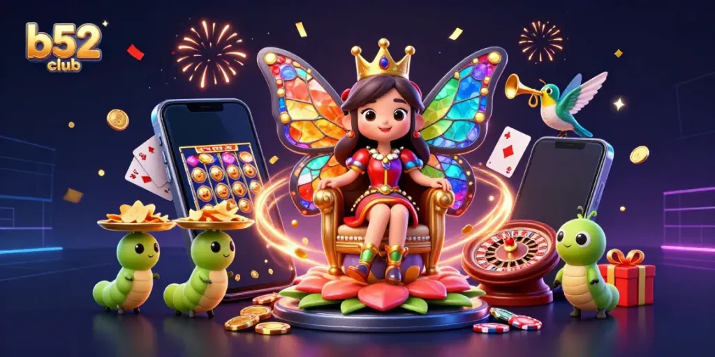 Engage with the b52club fantasy through vibrant casino elements and characters in a festive scene.