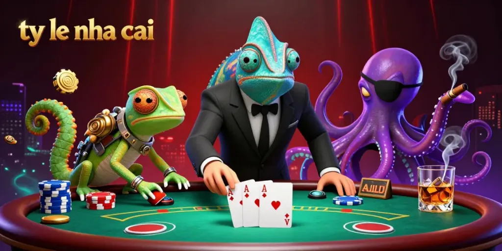 Engage with ty le nha cai through this dynamic gambling scene featuring cartoon characters and vibrant casino elements.