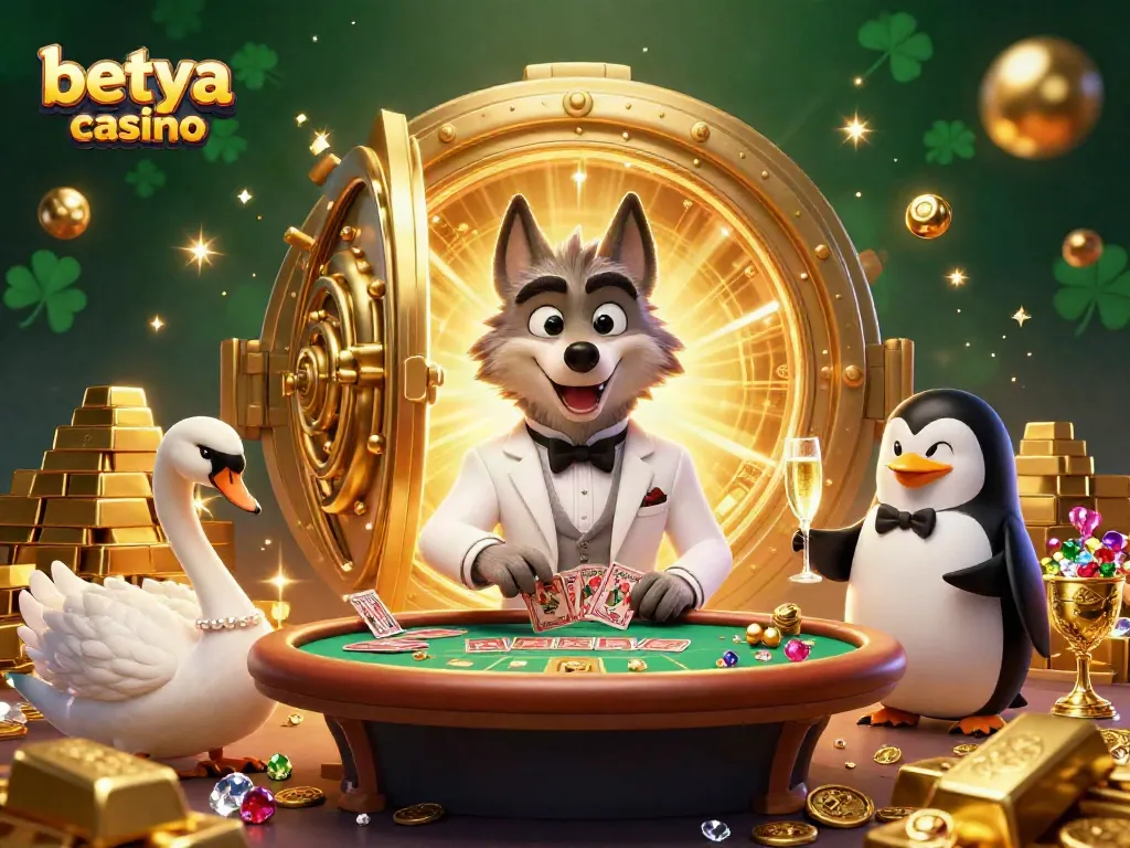 Experience the thrill of betya casino with vibrant characters and dynamic game elements in a luxurious setting.