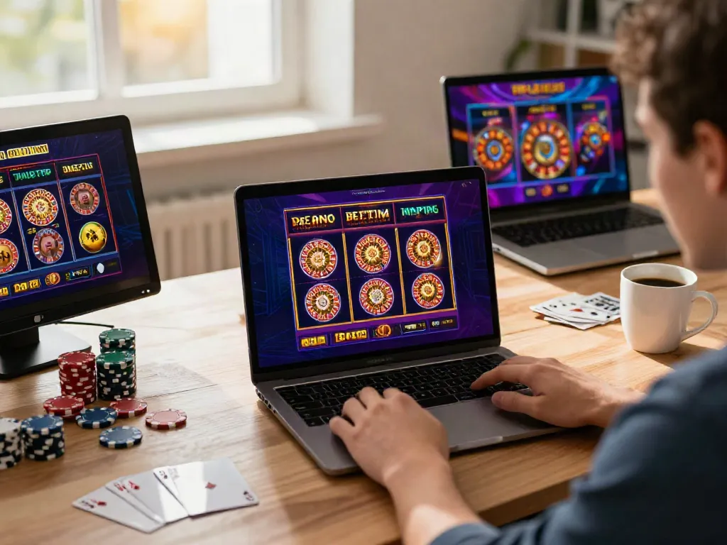 Scène de casino en ligne mettant en avant un joueur explorant des bonus Casino sans Dépôt sur un ordinateur portable.