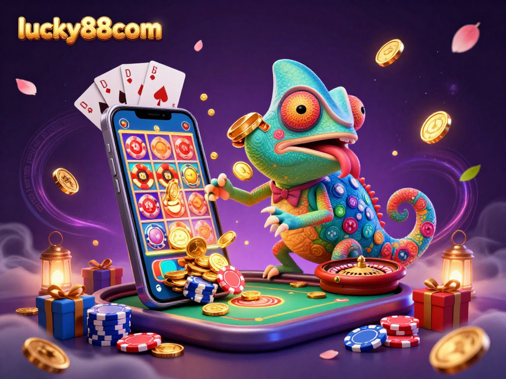 Experience thrilling gameplay at lucky88com with a lively 3D chameleon casino owner and vibrant game elements.