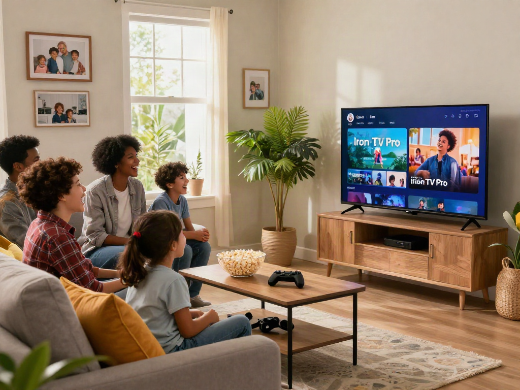 Family enjoying a movie night with Iron TV Pro streaming in a cozy living room.