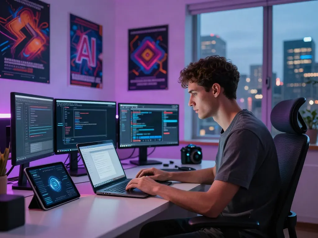 Engaging in uncensored AI chat in a modern tech workspace