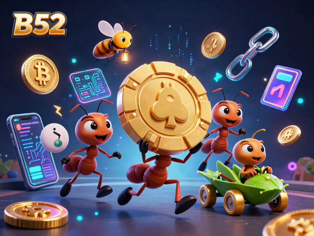 Watch the B52 ants steal a giant poker chip, surrounded by casino elements and crypto coins.