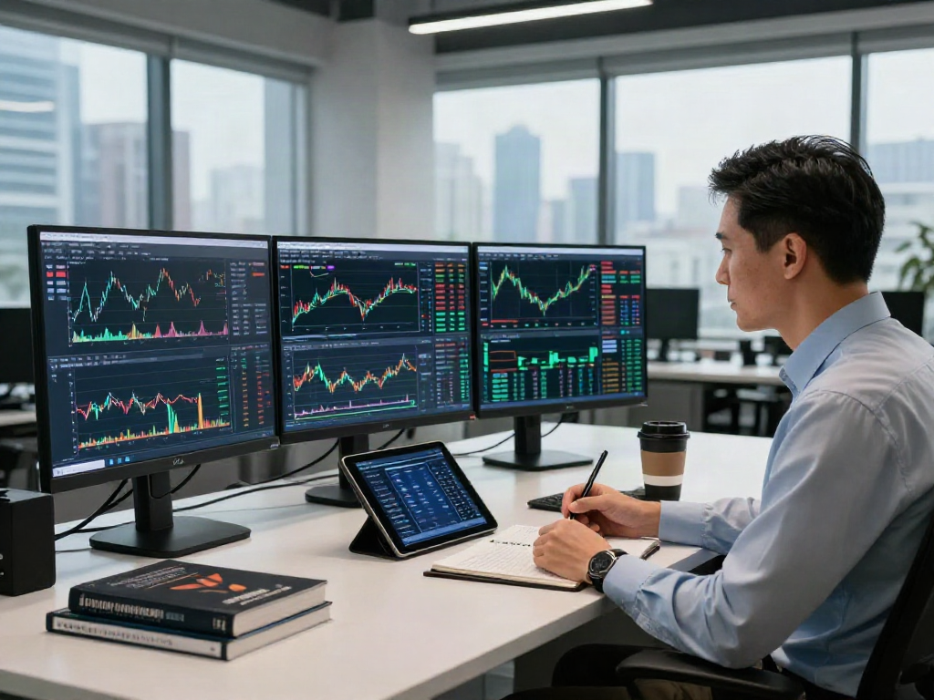Trader utilisant la plateforme la-essorinvexaro.com dans un bureau moderne, analysant des graphiques financiers avec concentration.