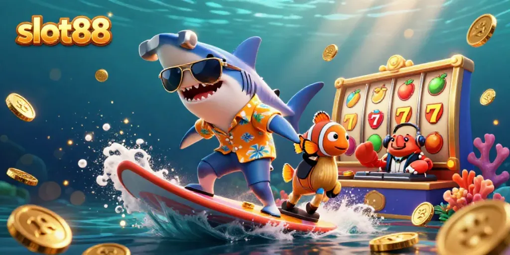 Experience thrilling excitement with slot88 as a shark surfs gold coins alongside vibrant sea creatures.