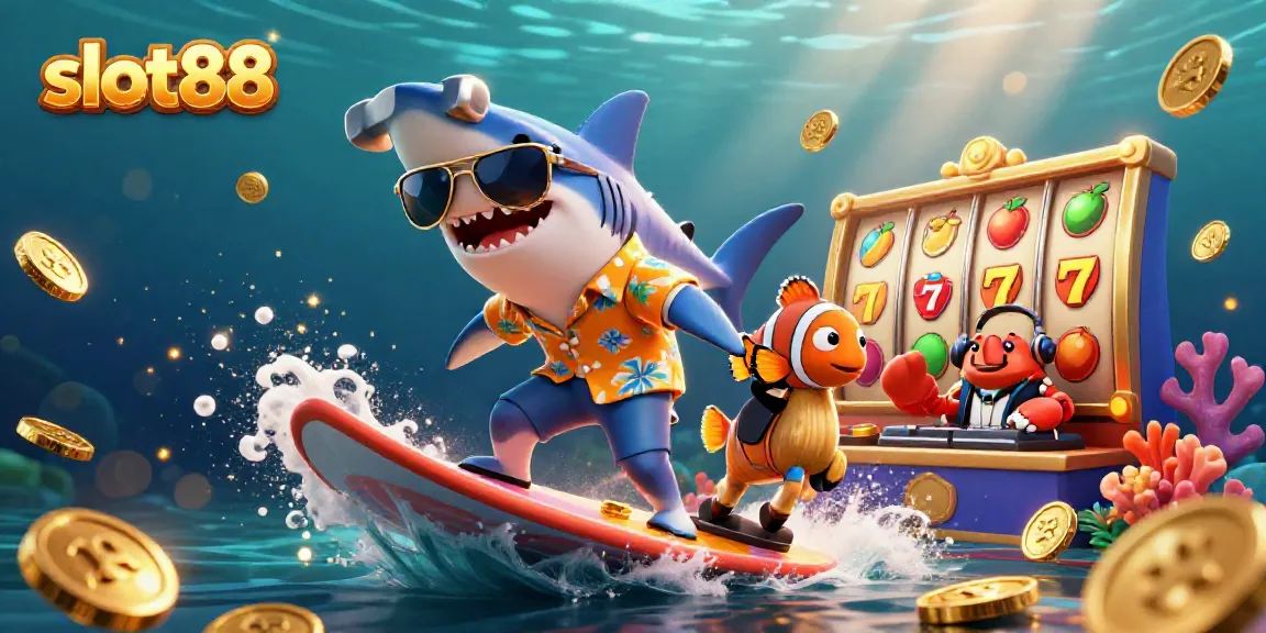 Experience thrilling excitement with slot88 as a shark surfs gold coins alongside vibrant sea creatures.
