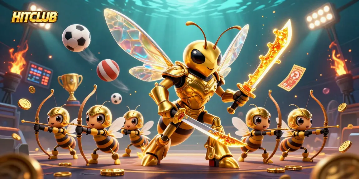 HITCLUB showcases a golden hornet in samurai armor surrounded by dynamic sports betting elements.
