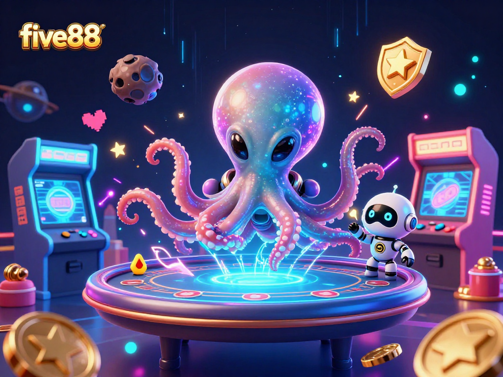 Experience thrilling poker action with five88 in this vibrant 3D illustration featuring an alien octopus and a robot.